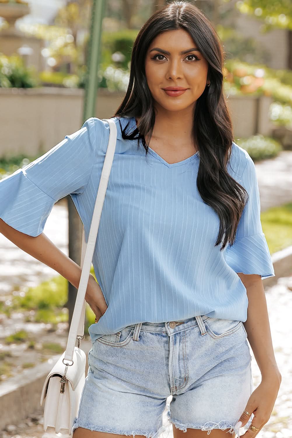 Beau Blue Ruffled Half Sleeve V Neck Textured Top - Love Salve